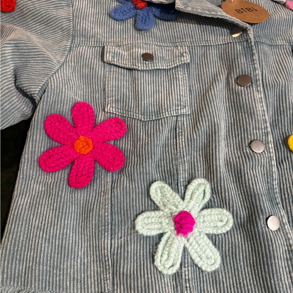 Bibi NWT XL Light Blue Corduroy Floral appliqués distressed Cropped Jacket - - Picture 2 of 4
